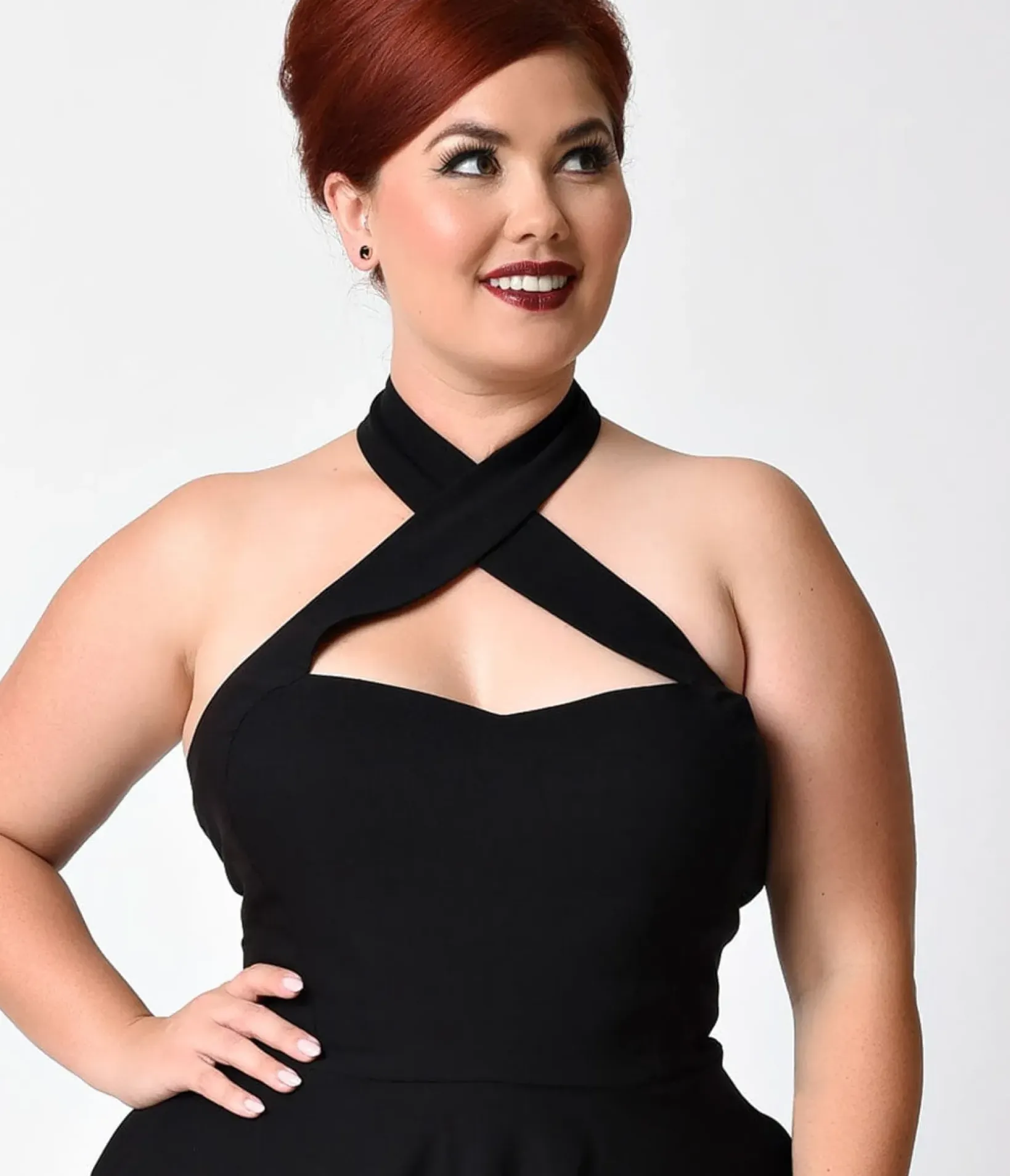Unique Vintage Swing|Pocket Dresses>Plus Size Black Criss Cross Halter Rita Flare Dress