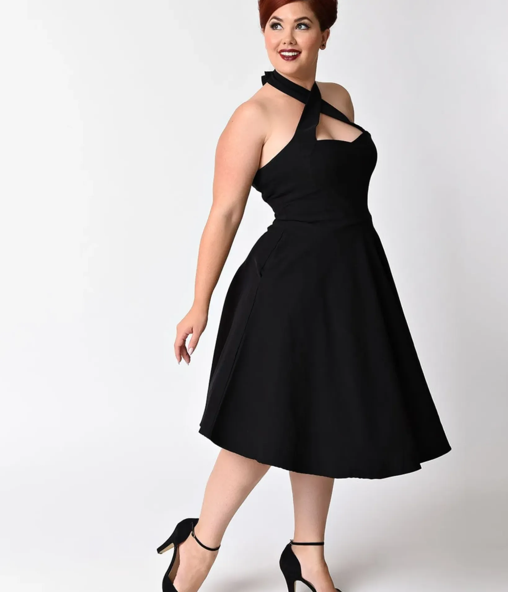 Unique Vintage Swing|Pocket Dresses>Plus Size Black Criss Cross Halter Rita Flare Dress