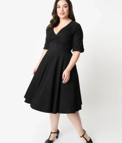 Unique Vintage Swing|Pocket Dresses>Plus Size Black Delores Swing Dress with Sleeves