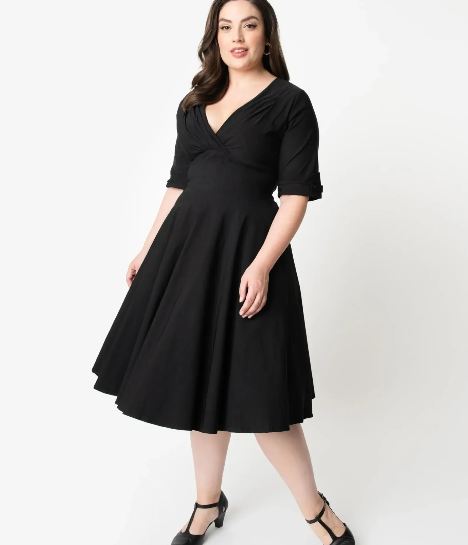 Unique Vintage Swing|Pocket Dresses>Plus Size Black Delores Swing Dress with Sleeves
