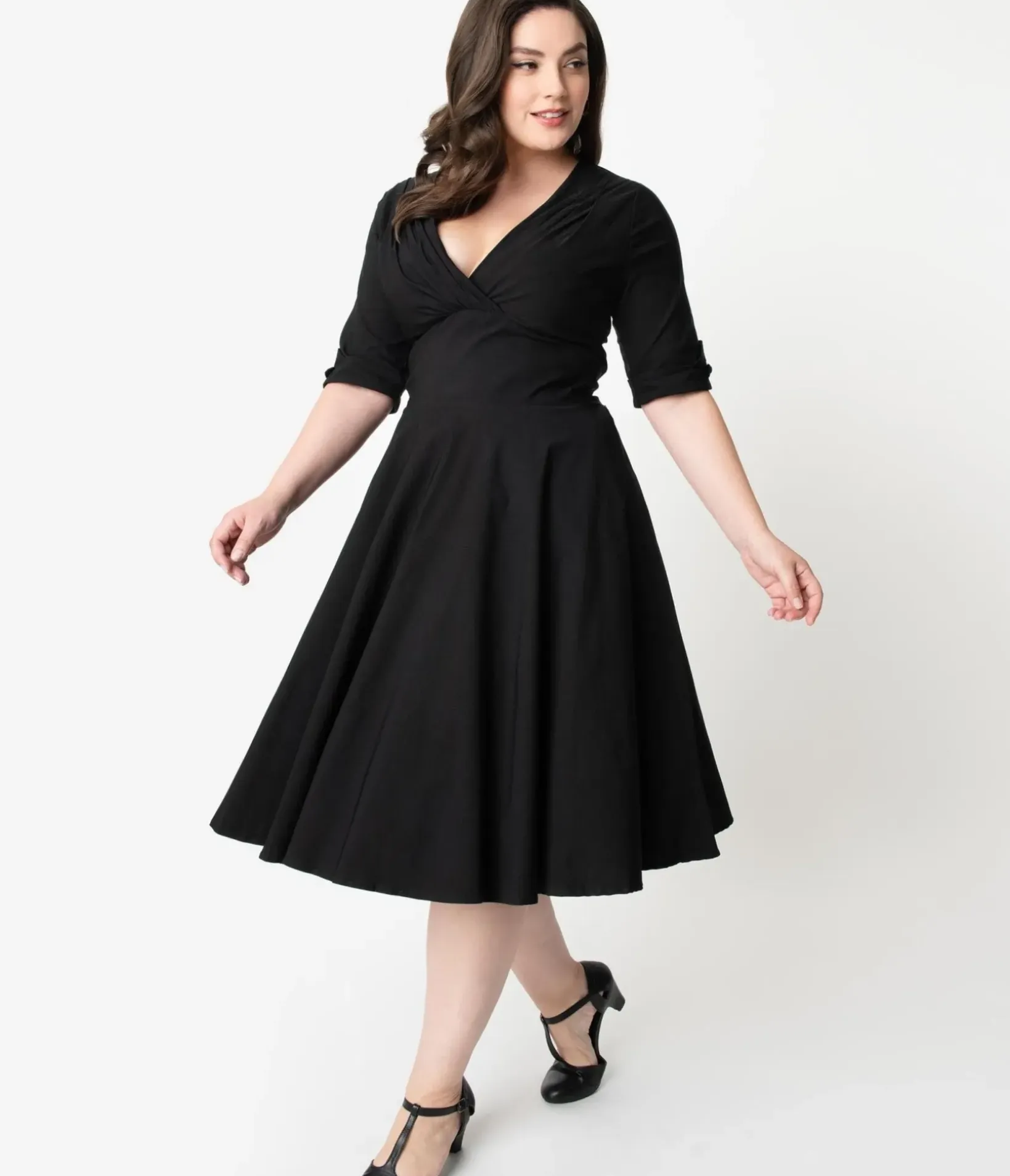 Unique Vintage Swing|Pocket Dresses>Plus Size Black Delores Swing Dress with Sleeves