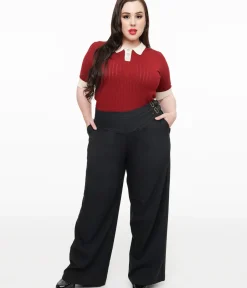 Unique Vintage Pants|Pants>Plus Size Black Double Belt Woven Pants