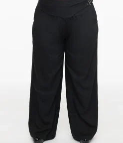 Unique Vintage Pants|Pants>Plus Size Black Double Belt Woven Pants