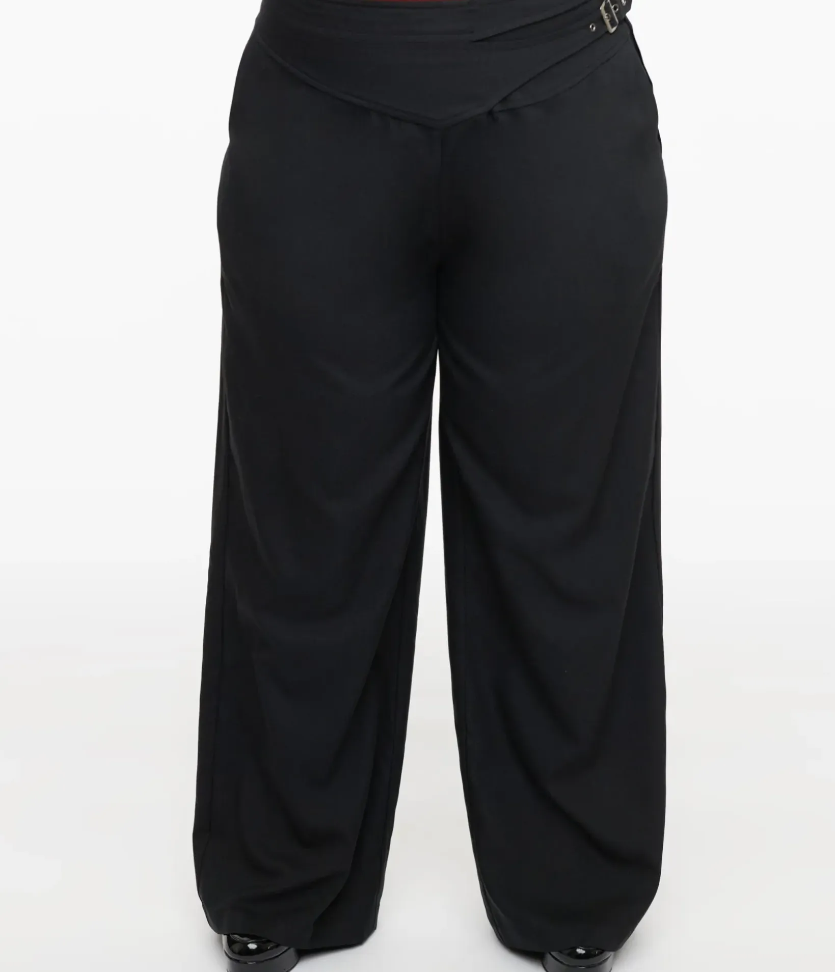Unique Vintage Pants|Pants>Plus Size Black Double Belt Woven Pants