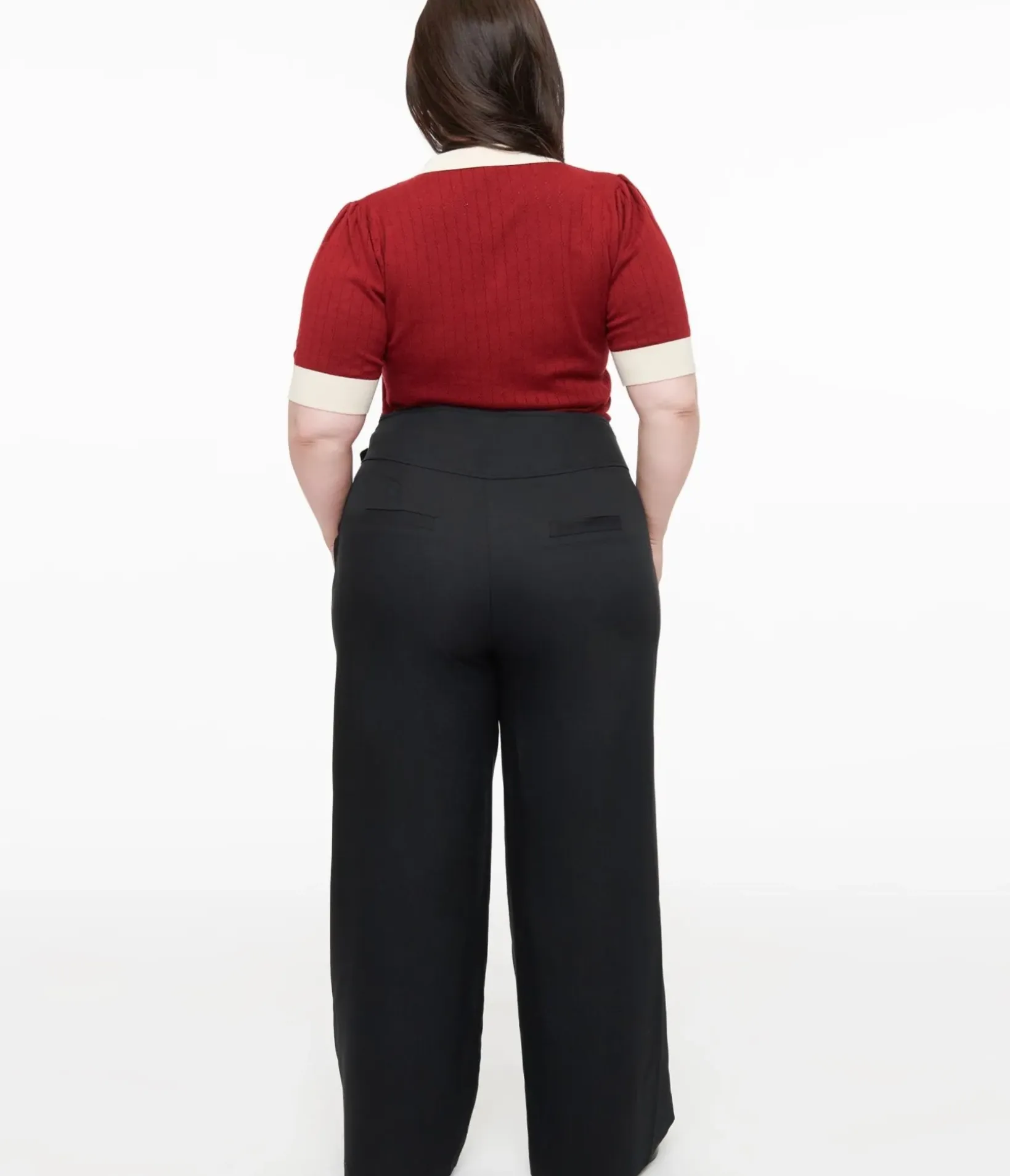 Unique Vintage Pants|Pants>Plus Size Black Double Belt Woven Pants