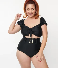 Unique Vintage Two Piece Swim|Swim Bottoms>Plus Size Black High Waist Belted Swim Bottom