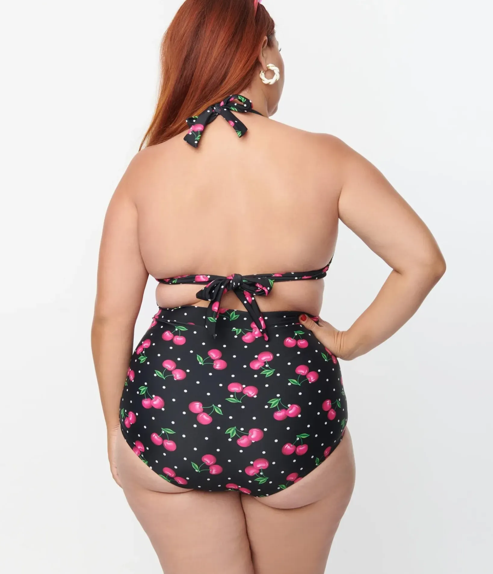 Unique Vintage Swim Tops|Plus Size Swim>Plus Size Black & Hot Pink Cherry Pin Dot Monroe Swim Top