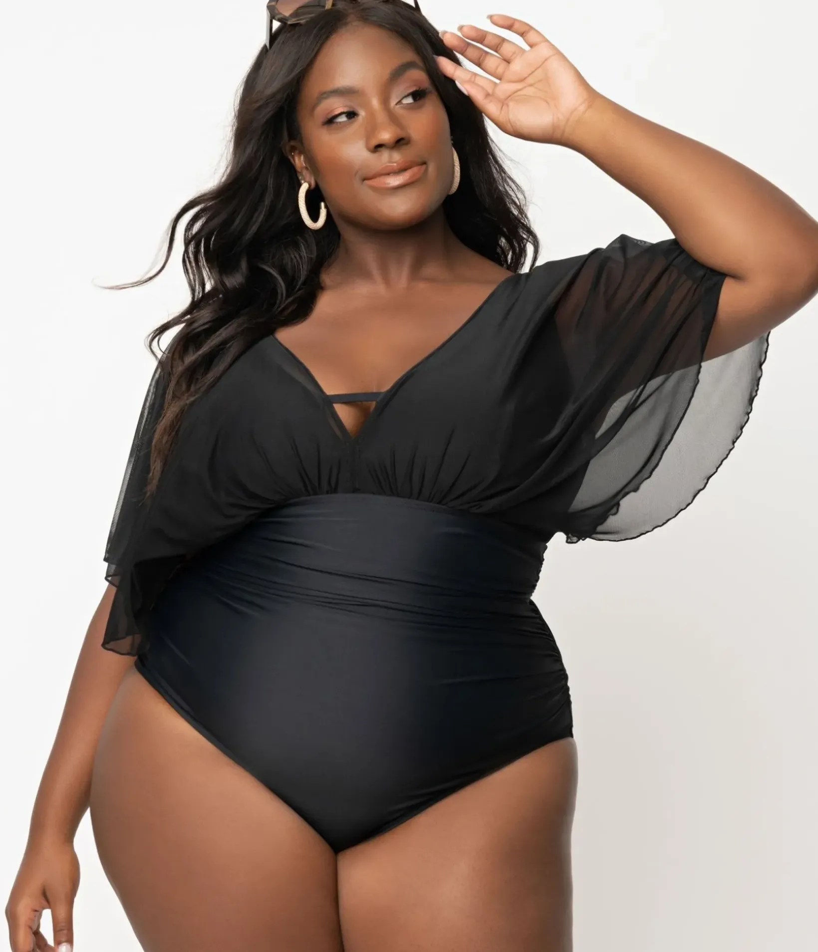 Unique Vintage One Piece Swim|One Piece Swim>Plus Size Black Mesh Sleeved Torrey Swimsuit