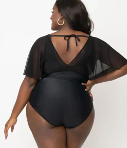 Unique Vintage One Piece Swim|One Piece Swim>Plus Size Black Mesh Sleeved Torrey Swimsuit