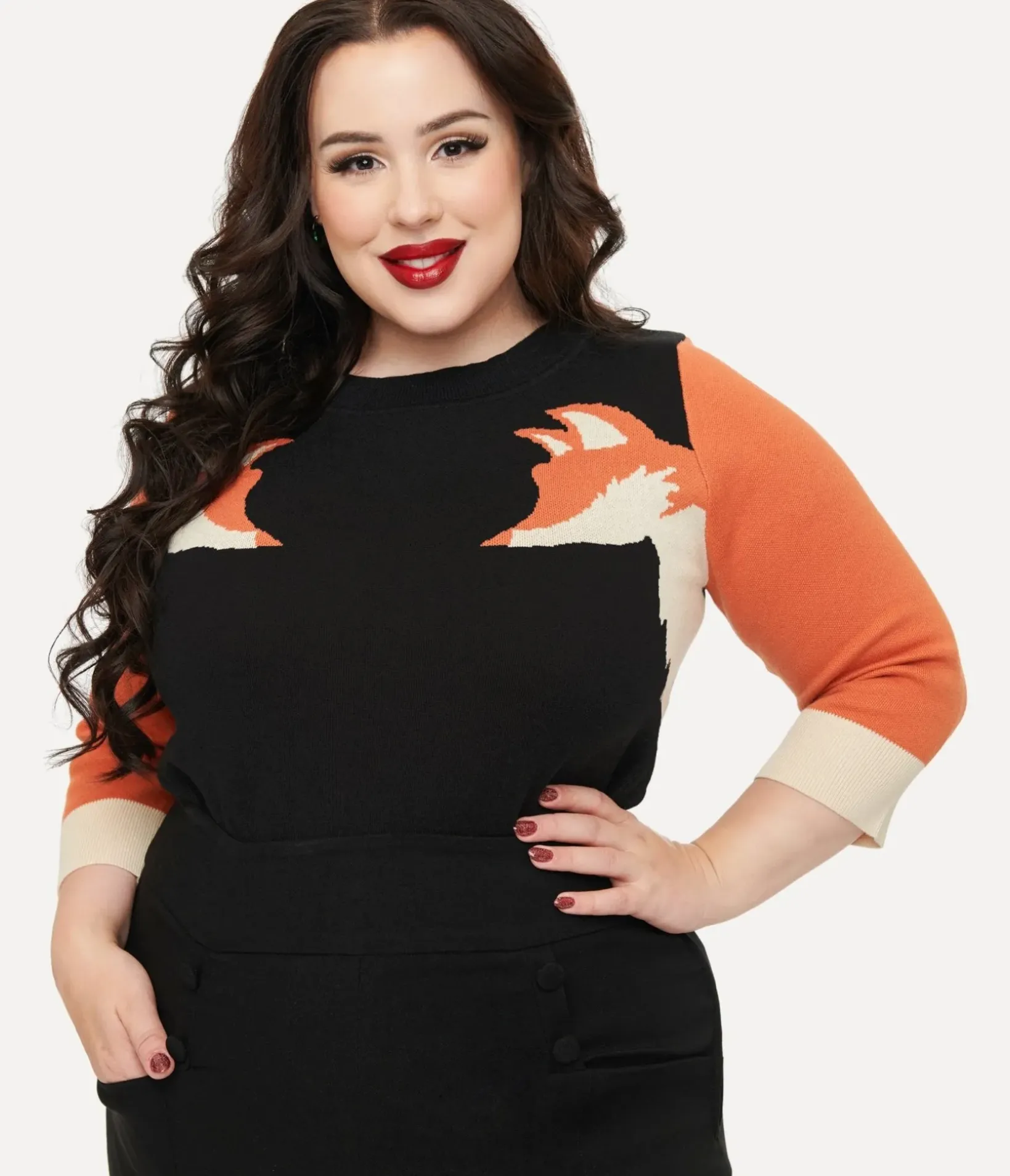 Unique Vintage Sweaters & Cardigans|Sweaters & Cardigans>Plus Size Black & Orange Fox Sleeve Minou Sweater
