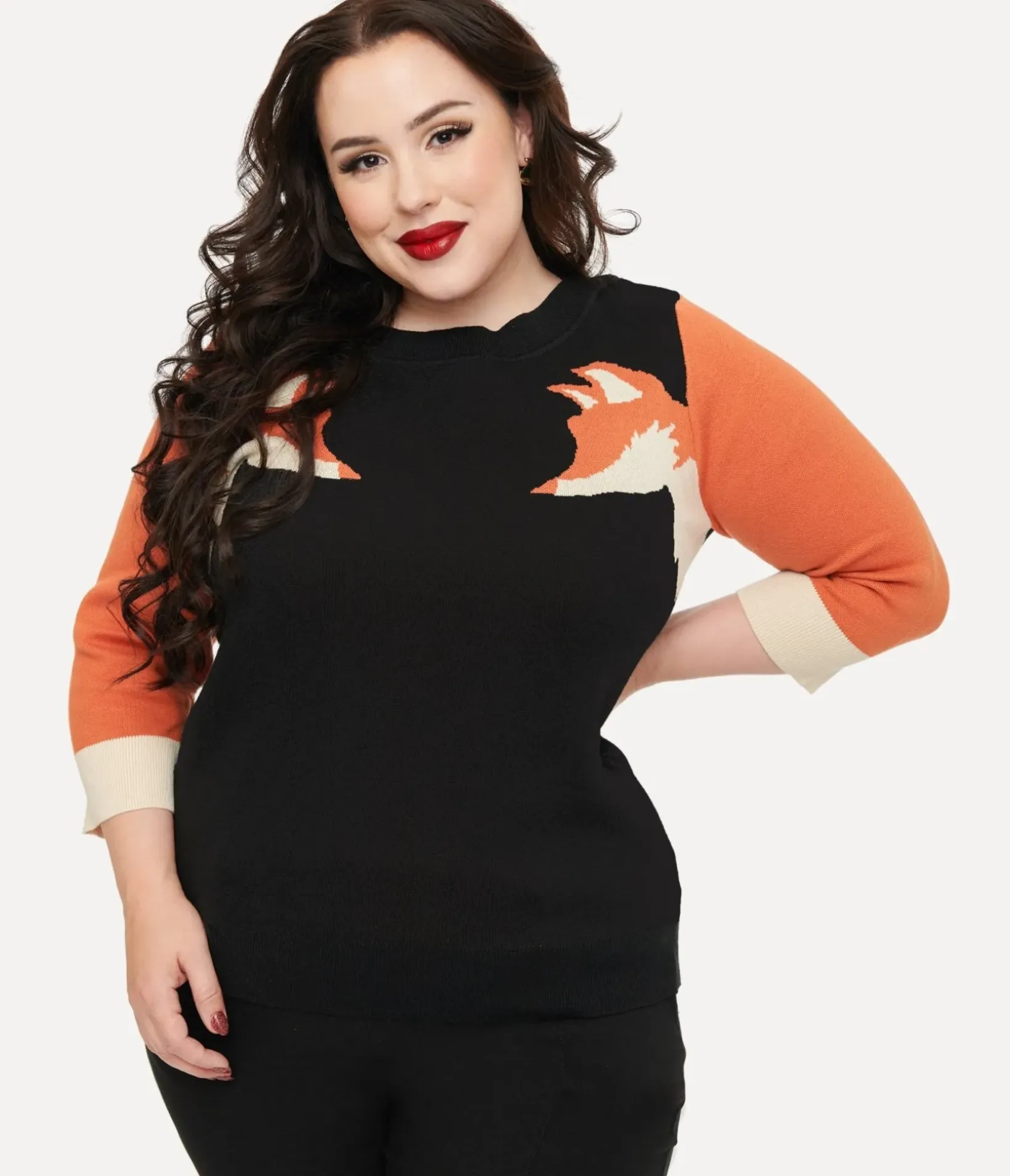 Unique Vintage Sweaters & Cardigans|Sweaters & Cardigans>Plus Size Black & Orange Fox Sleeve Minou Sweater