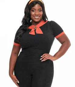Unique Vintage Sweaters & Cardigans|Sweaters & Cardigans>Plus Size Black & Orange Spider Brooch Neck Tie Park City Sweater