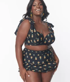 Unique Vintage Two Piece Swim|Swim Bottoms>Plus Size Black & Pineapple Print Alice Swim Skirt