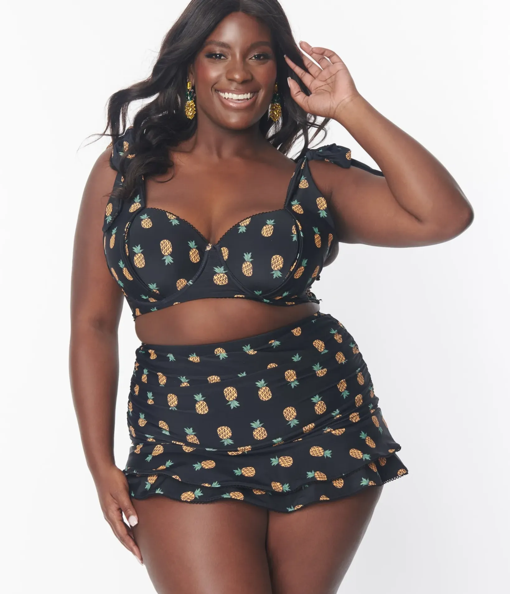 Unique Vintage Two Piece Swim|Swim Tops>Plus Size Black & Pineapple Print Totally Tied Up Swim Top