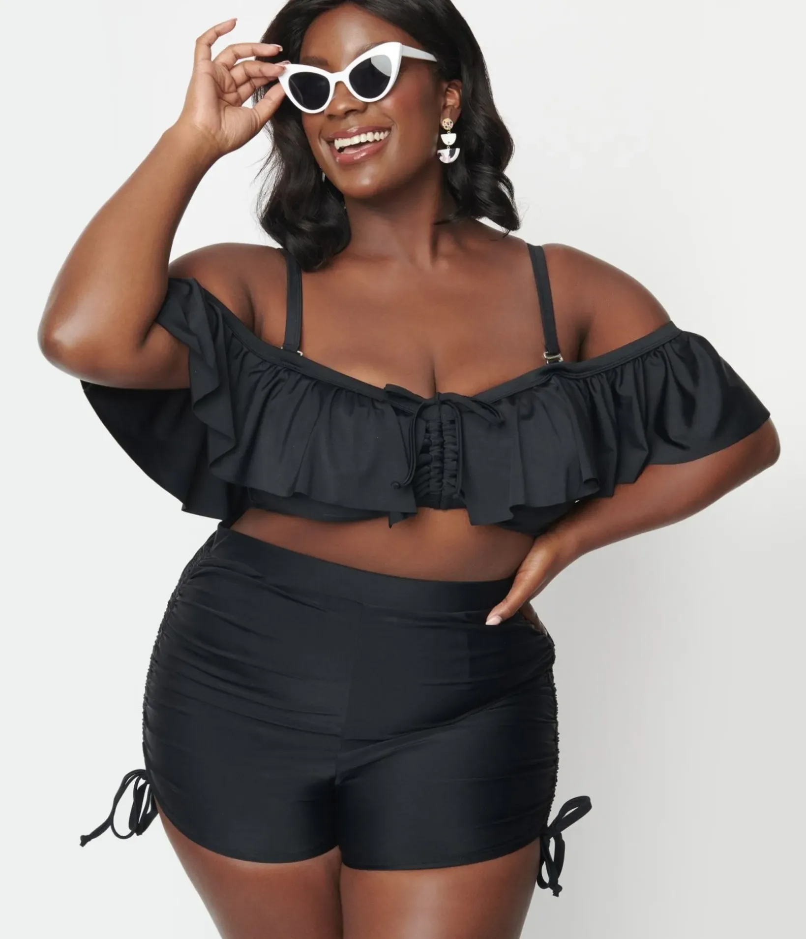 Unique Vintage Two Piece Swim|Swim Bottoms>Plus Size Black Pull Tie Swim Shorts