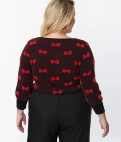 Unique Vintage Sweaters & Cardigans|Sweaters & Cardigans>Plus Size Black & Red Bows Dandy Cardigan