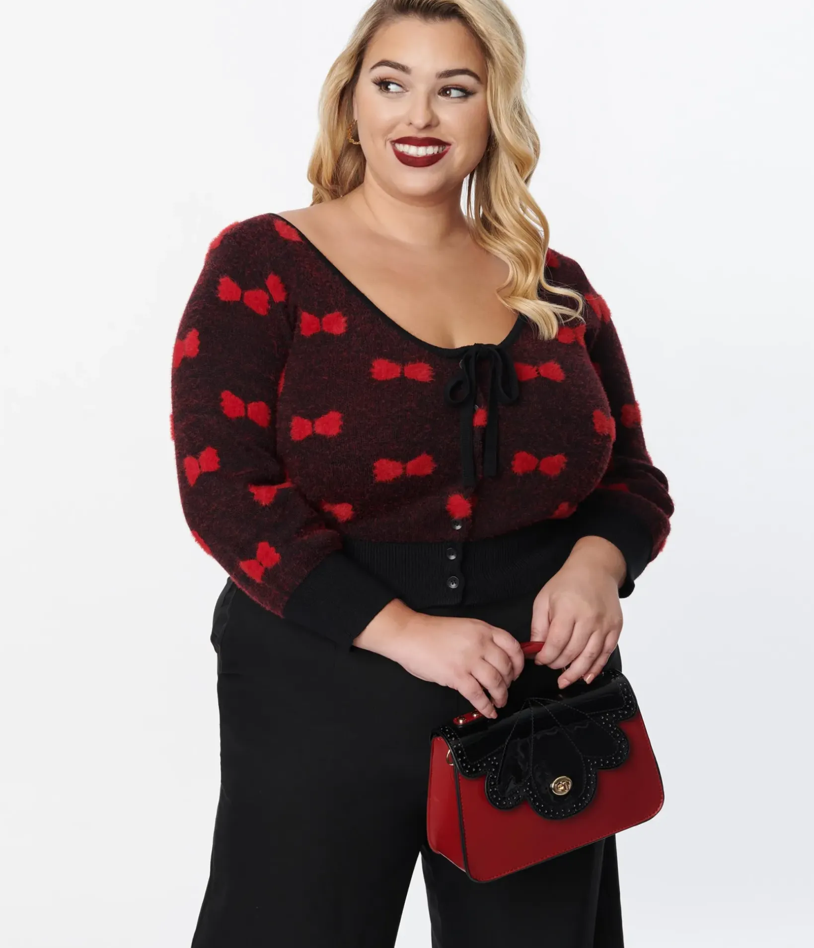 Unique Vintage Sweaters & Cardigans|Sweaters & Cardigans>Plus Size Black & Red Bows Dandy Cardigan