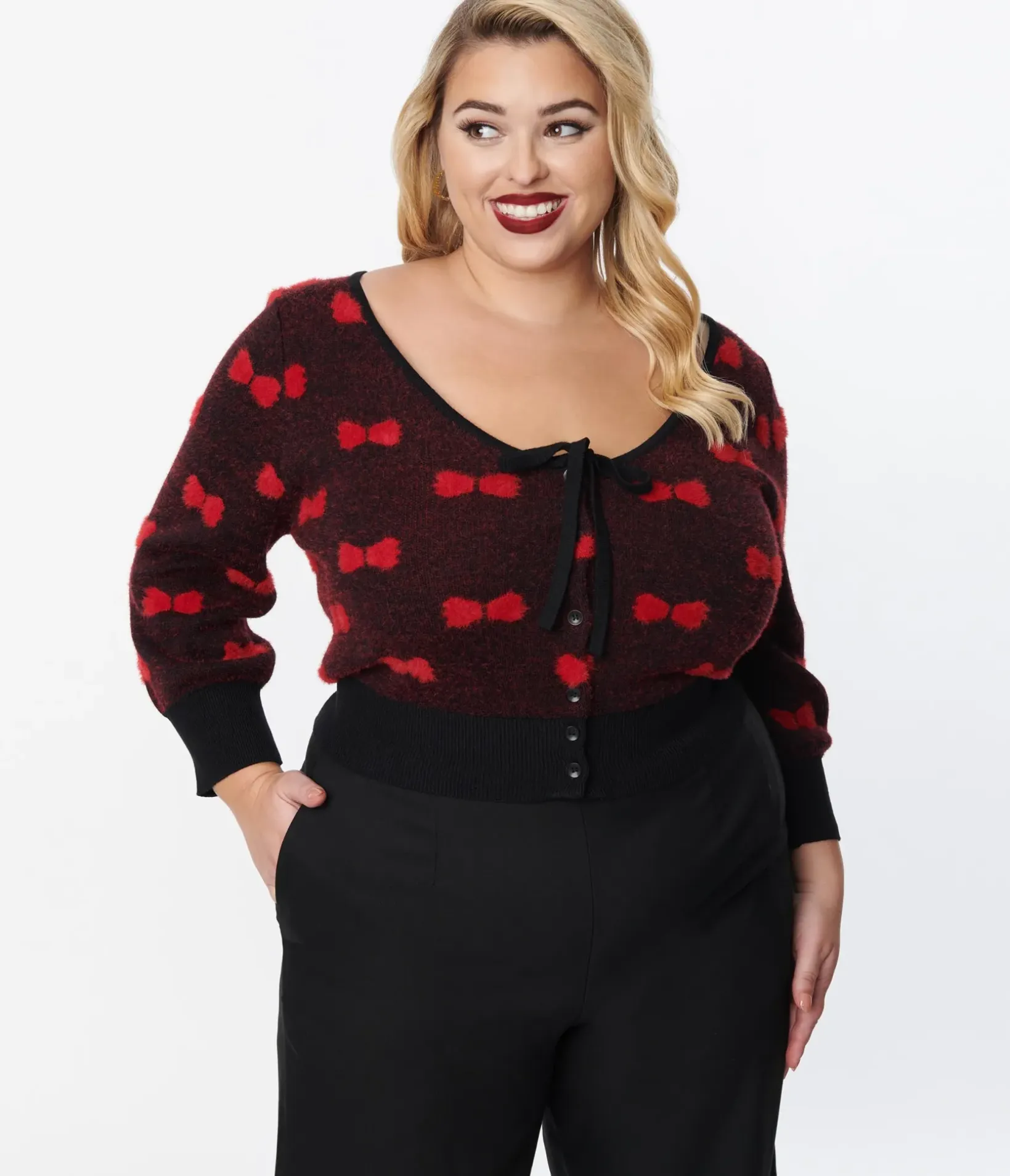 Unique Vintage Sweaters & Cardigans|Sweaters & Cardigans>Plus Size Black & Red Bows Dandy Cardigan