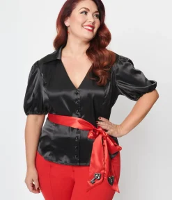 Unique Vintage Work Wear|All Things Red>Plus Size Black & Red Lock & Key Sashed Blouse