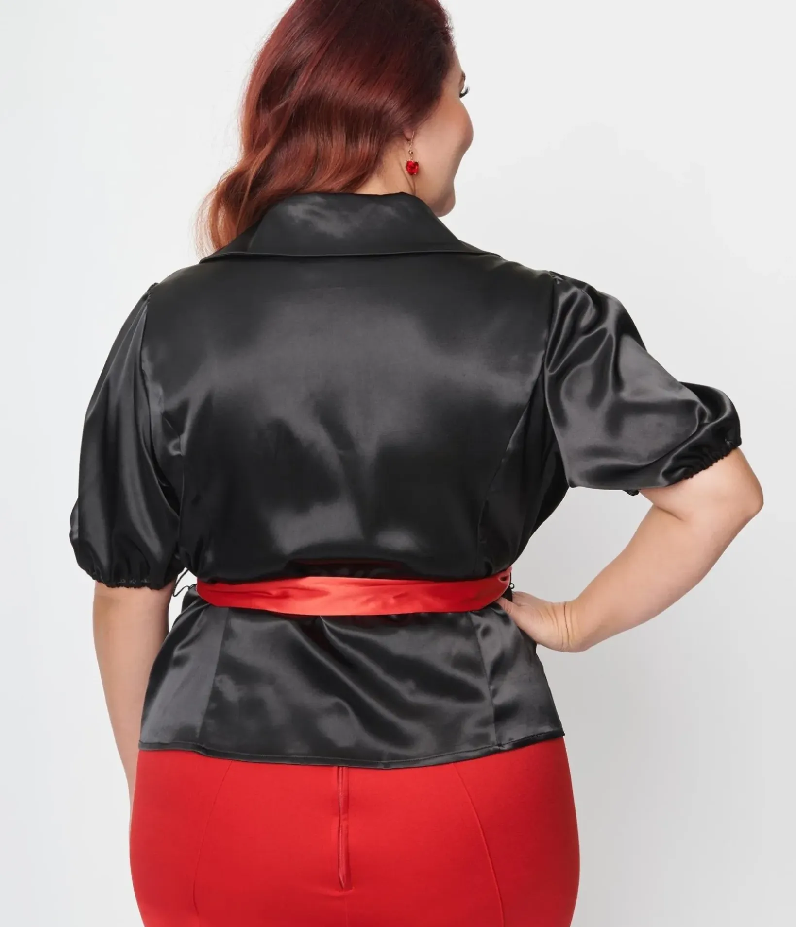 Unique Vintage Work Wear|All Things Red>Plus Size Black & Red Lock & Key Sashed Blouse