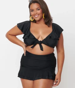 Unique Vintage Two Piece Swim|Two Piece Swim>Plus Size Black Ruffled Cap Sleeve Frida Swim Top