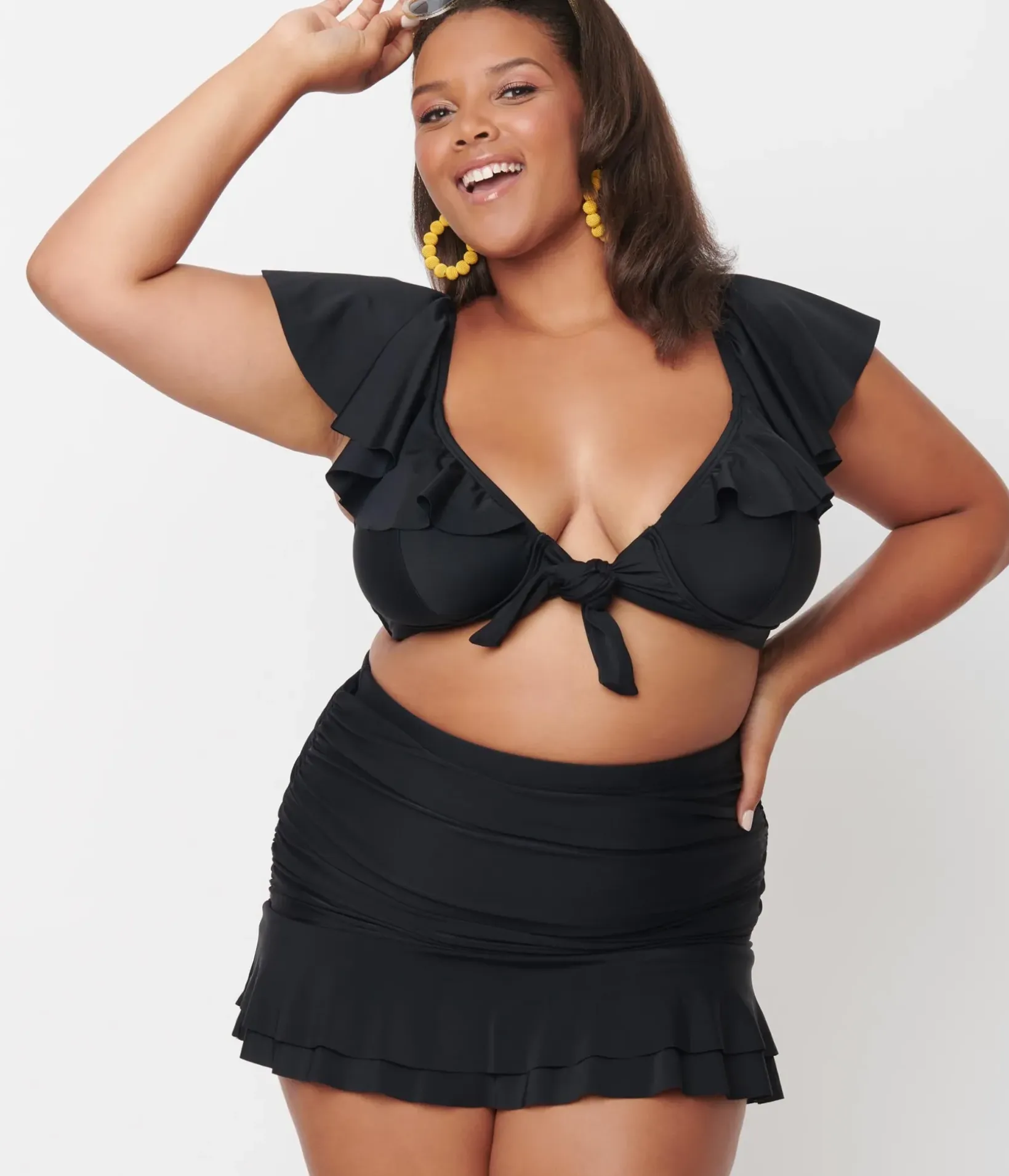 Unique Vintage Two Piece Swim|Two Piece Swim>Plus Size Black Ruffled Cap Sleeve Frida Swim Top