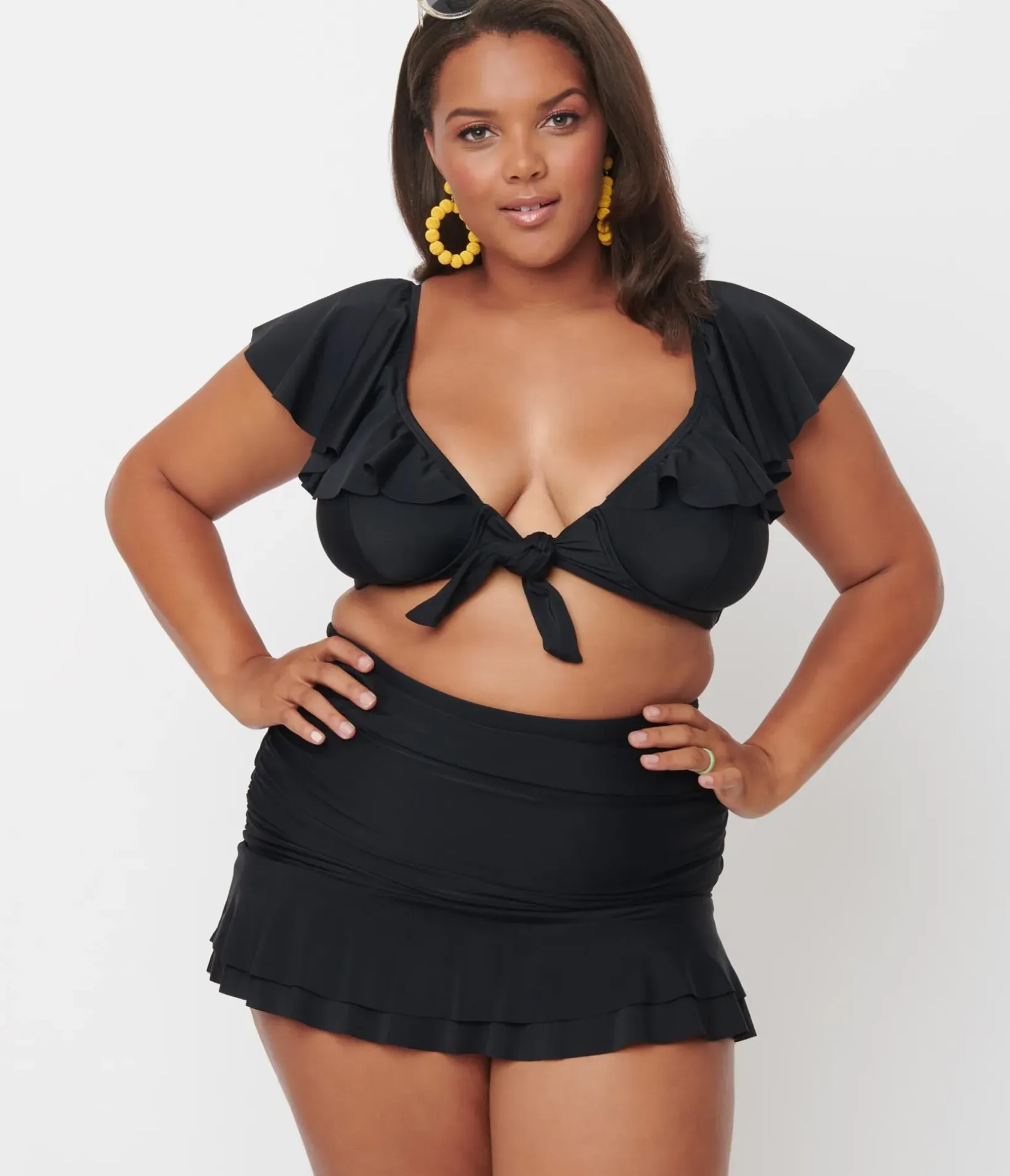 Unique Vintage Two Piece Swim|Two Piece Swim>Plus Size Black Ruffled Cap Sleeve Frida Swim Top