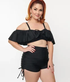 Unique Vintage Two Piece Swim|Swim Tops>Plus Size Black Ruffled Swim Top