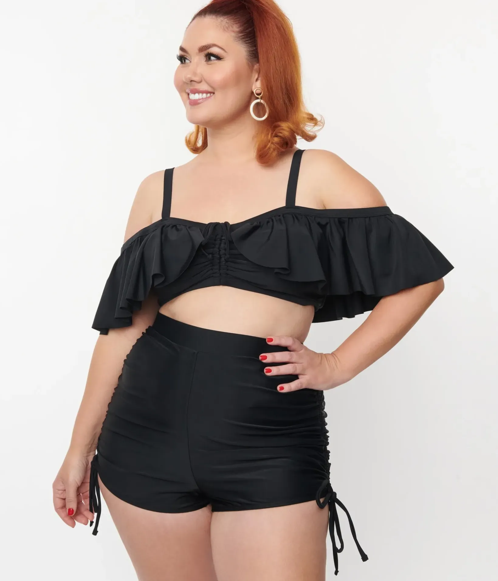 Unique Vintage Two Piece Swim|Swim Tops>Plus Size Black Ruffled Swim Top