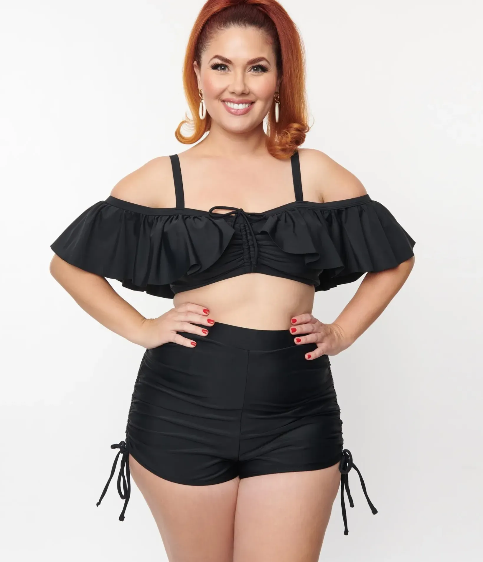 Unique Vintage Two Piece Swim|Swim Tops>Plus Size Black Ruffled Swim Top