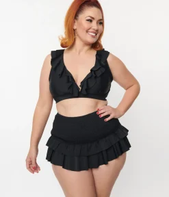 Unique Vintage Two Piece Swim|Swim Tops>Plus Size Black Ruffle Halter Swim Top