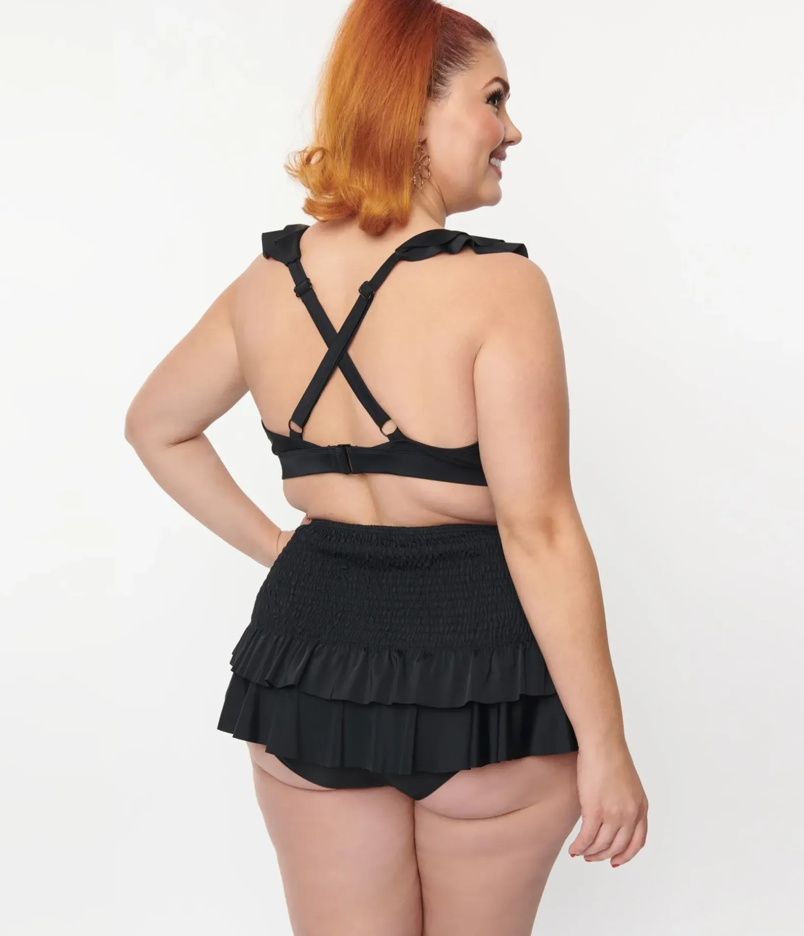 Unique Vintage Two Piece Swim|Swim Tops>Plus Size Black Ruffle Halter Swim Top