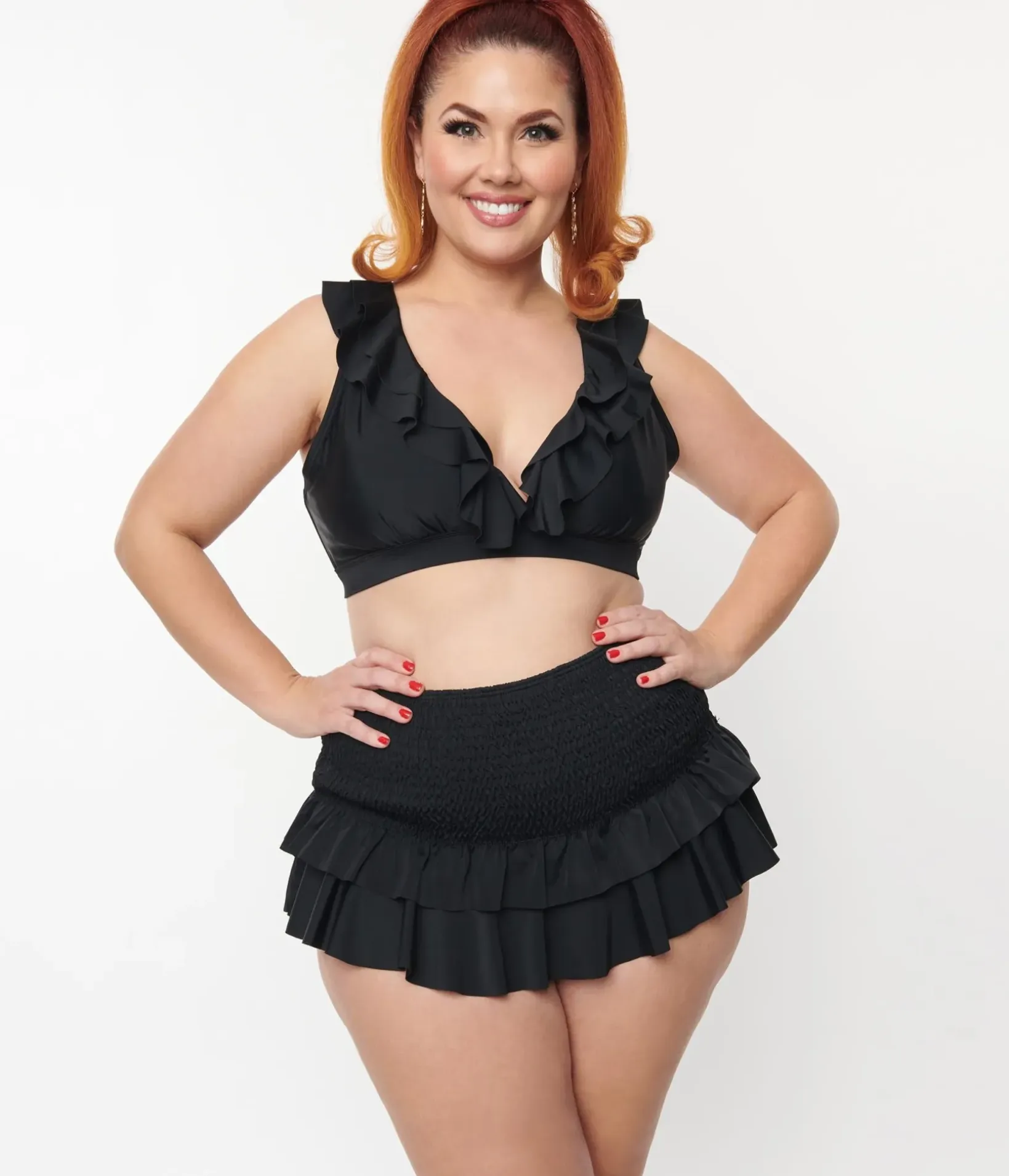 Unique Vintage Two Piece Swim|Swim Tops>Plus Size Black Ruffle Halter Swim Top