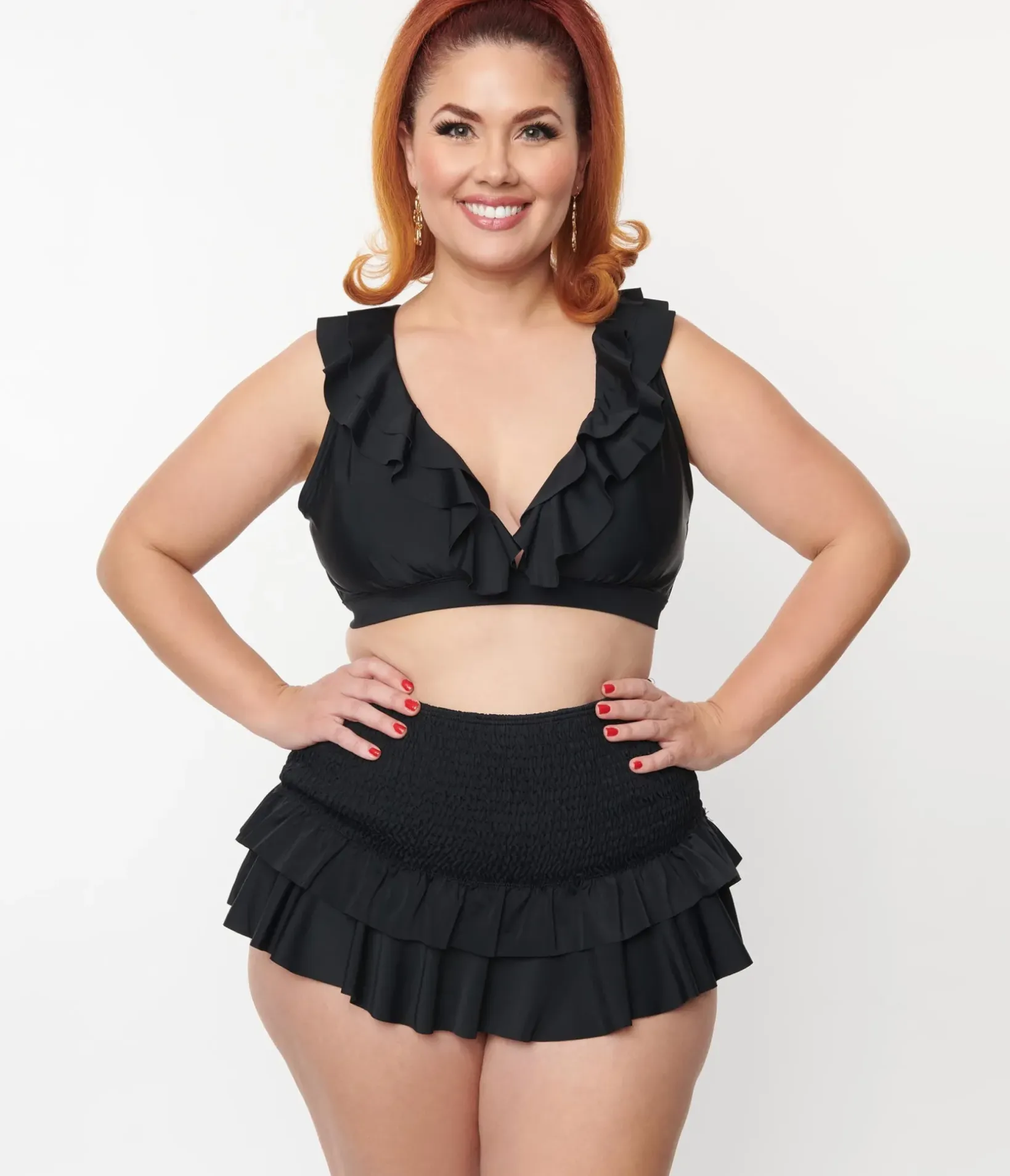 Unique Vintage Two Piece Swim|Swim Tops>Plus Size Black Ruffle Halter Swim Top