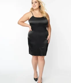 Unique Vintage Special Occasion|Prom Dresses>Plus Size Black Satin Long Slip