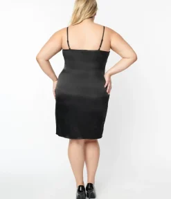 Unique Vintage Special Occasion|Prom Dresses>Plus Size Black Satin Long Slip