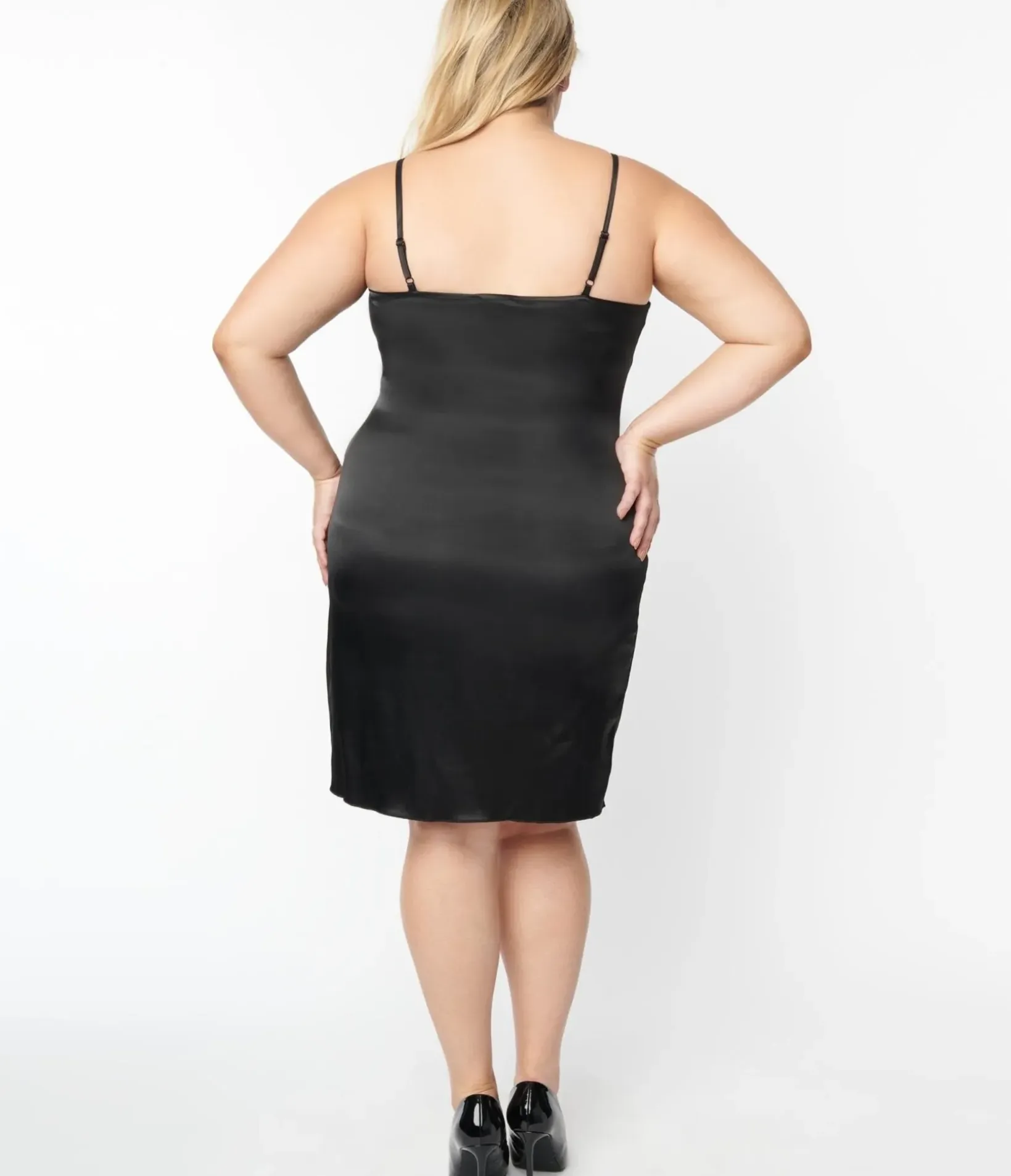 Unique Vintage Special Occasion|Prom Dresses>Plus Size Black Satin Long Slip