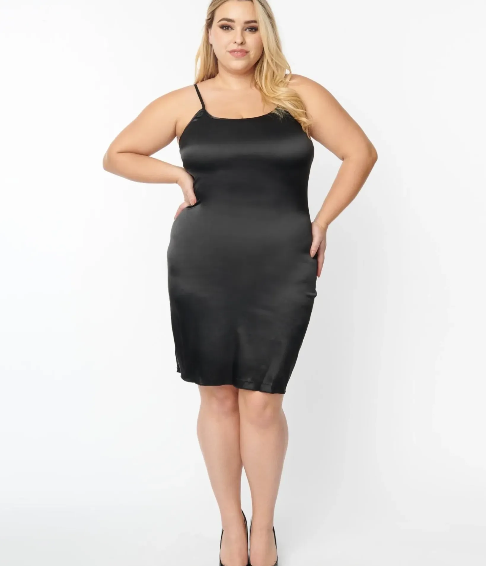 Unique Vintage Special Occasion|Prom Dresses>Plus Size Black Satin Long Slip