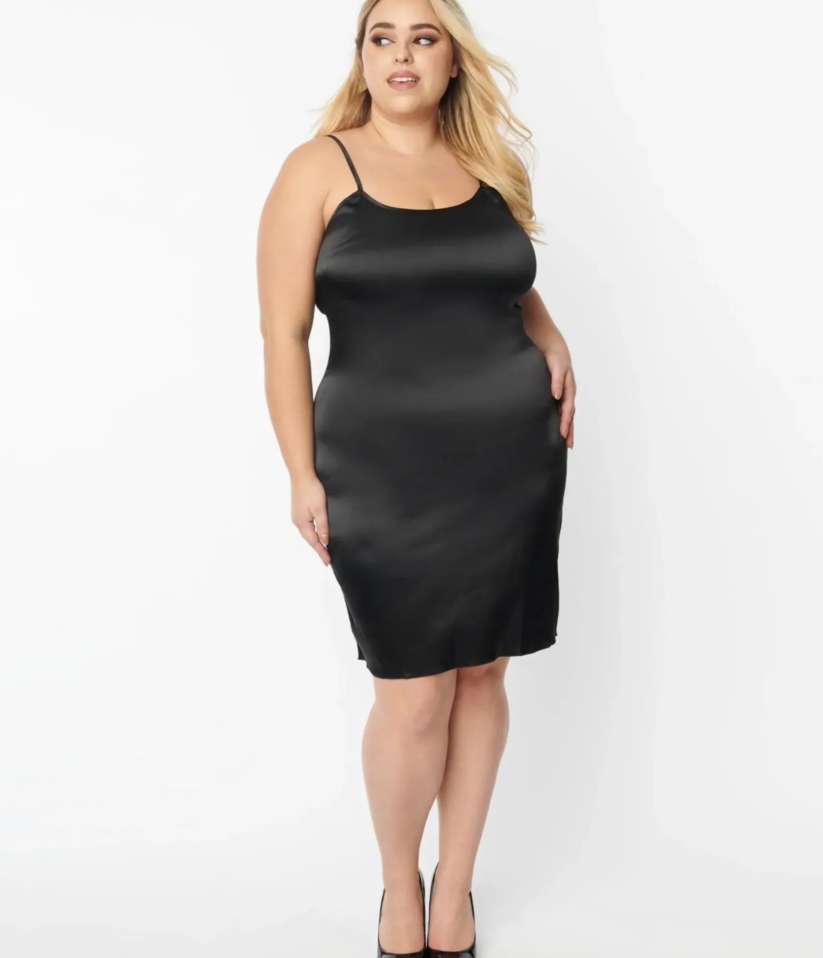 Unique Vintage Special Occasion|Prom Dresses>Plus Size Black Satin Long Slip