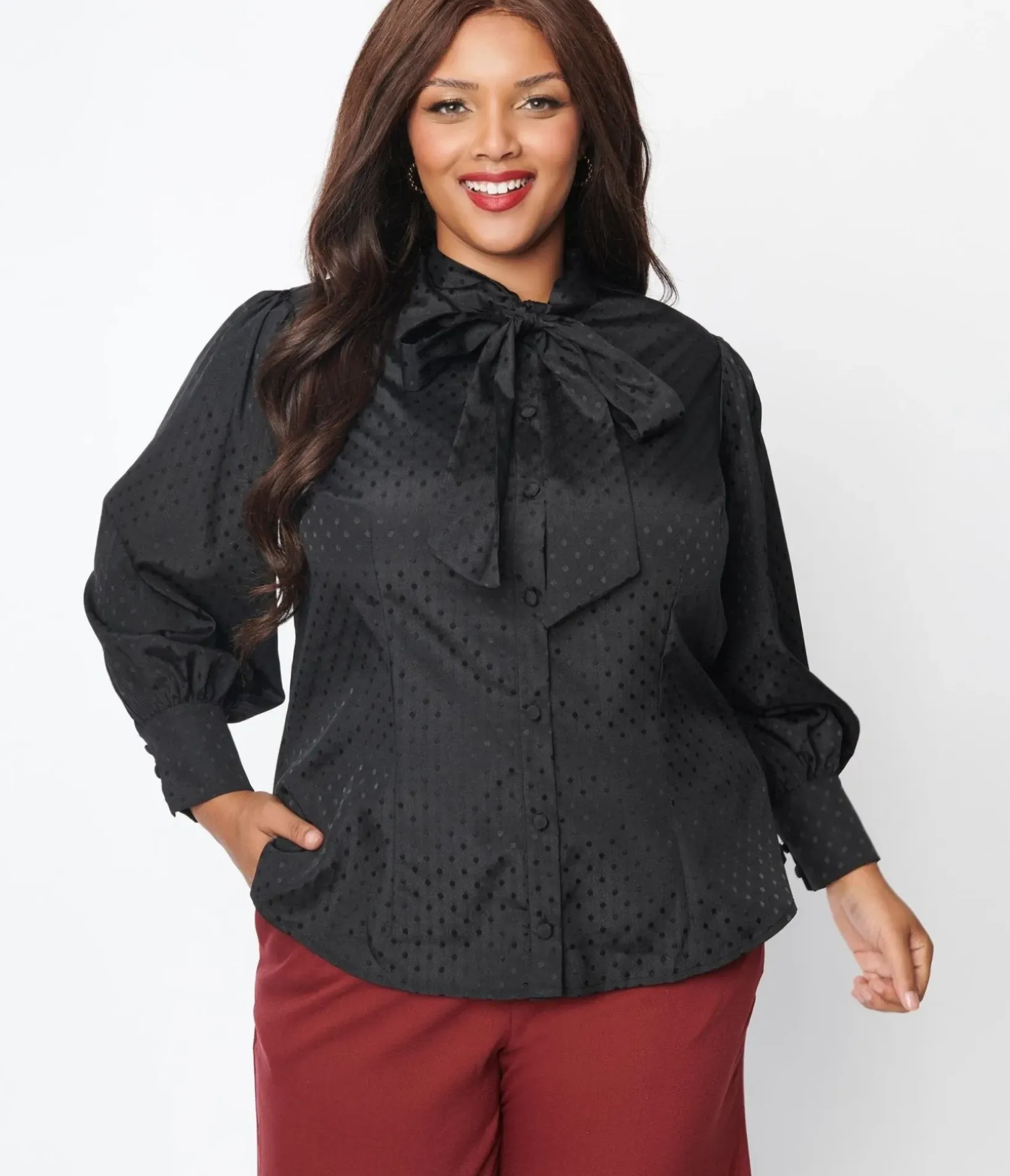 Unique Vintage Blouses|Blouses>Plus Size Black Satin Polka Dot Gwen Blouse