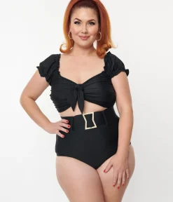 Unique Vintage Swim Tops|Two Piece Swim>Plus Size Black Shirred Bow Bandeau Swim Top