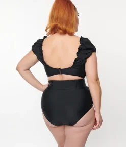 Unique Vintage Swim Tops|Two Piece Swim>Plus Size Black Shirred Bow Bandeau Swim Top