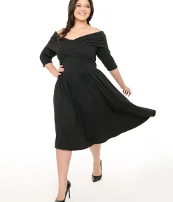 Unique Vintage Swing|Pocket Dresses>Plus Size Black Shirred Off Shoulder Swing Dress