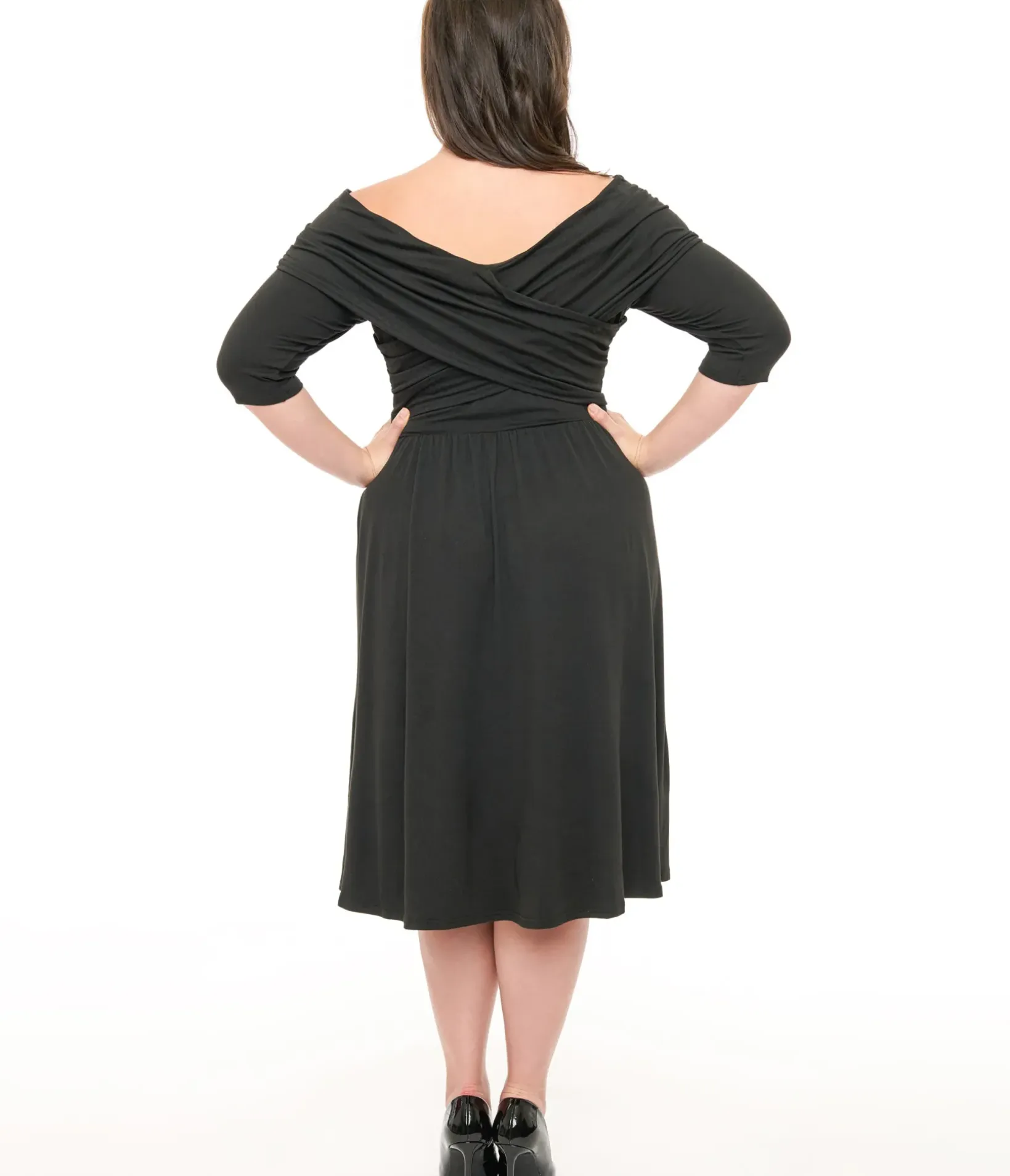 Unique Vintage Swing|Pocket Dresses>Plus Size Black Shirred Off Shoulder Swing Dress