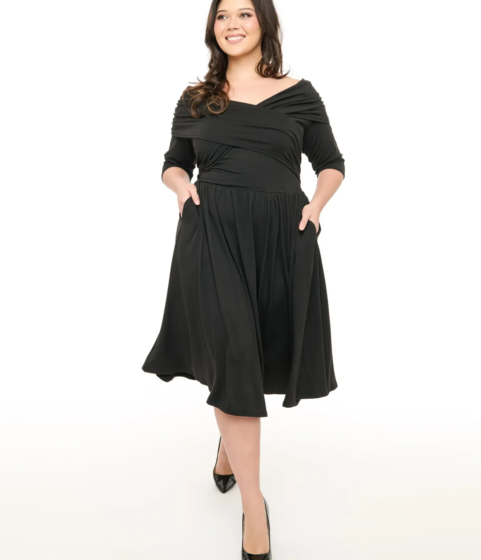 Unique Vintage Swing|Pocket Dresses>Plus Size Black Shirred Off Shoulder Swing Dress