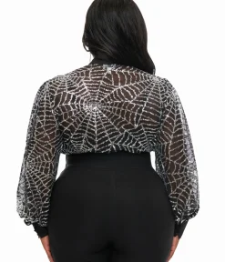 Unique Vintage Blouses|Blouses>Plus Size Black & Silver Sequin Spiderweb Sheer Gwen Blouse