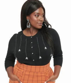 Unique Vintage Sweaters & Cardigans|All Things Black>Plus Size Black & Spider Embroidered Bookworm Cardigan