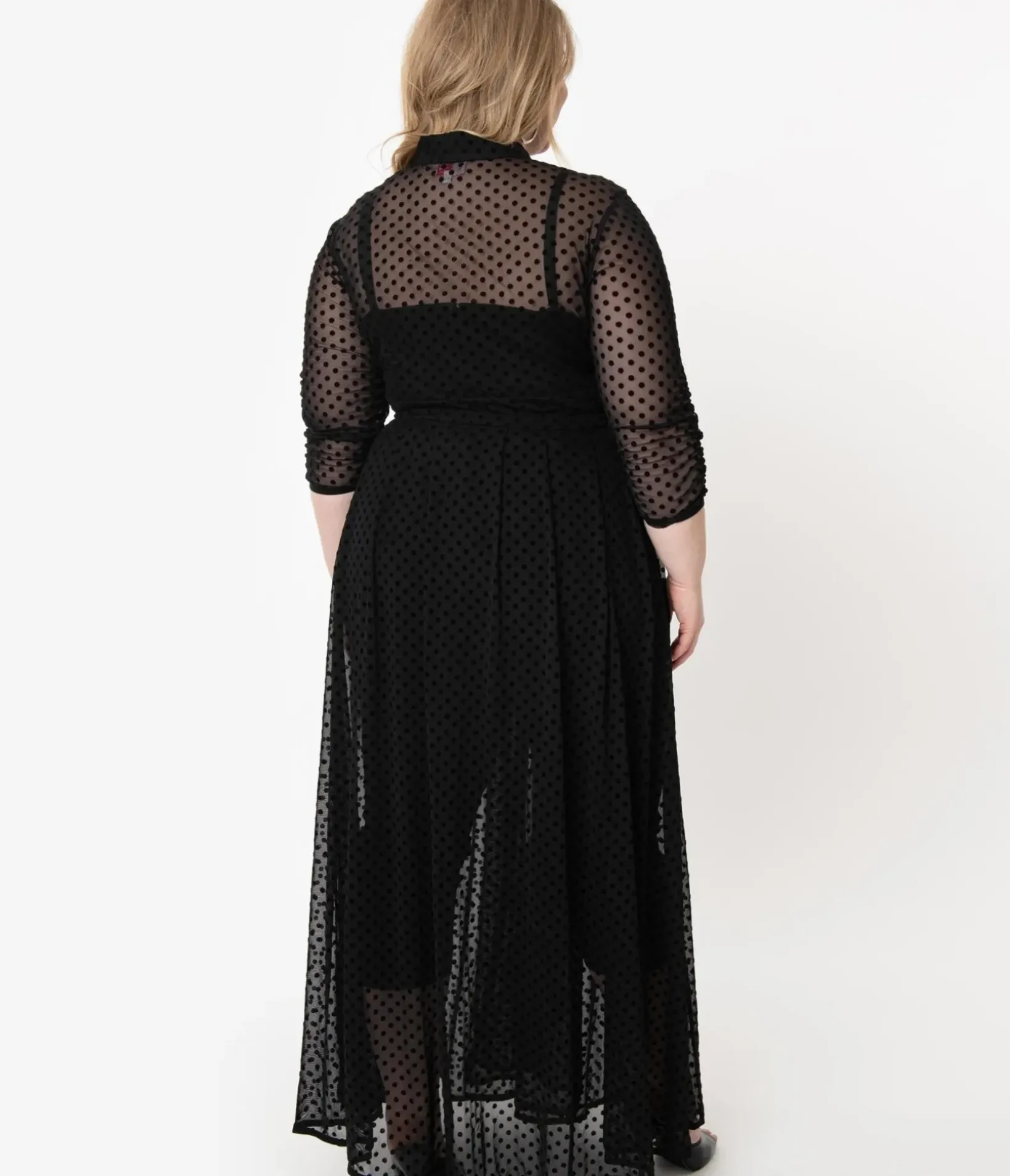 Unique Vintage Maxi|Midi & Maxi>Plus Size Black Swiss Dot Starlet Duster