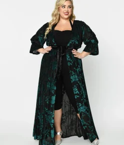 Unique Vintage Maxi|Midi & Maxi>Plus Size Black & Teal Floral Velvet Burnout Duster