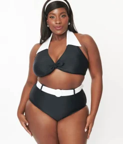 Unique Vintage Two Piece Swim|Swim Bottoms>Plus Size Black & White Belted Swim Bottoms